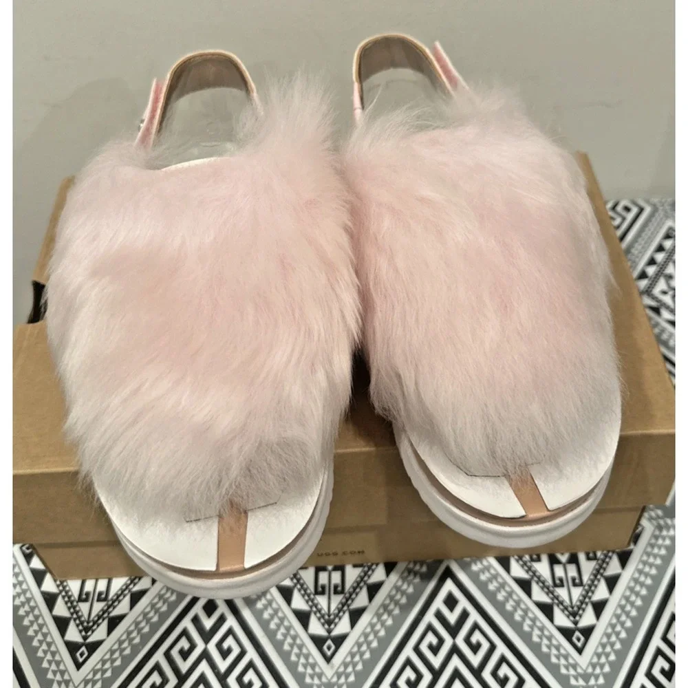 UGG Big Girls Size 5/ EU 35 Holly Fuzzy Sling Back Fur Sandals Seashell Pink